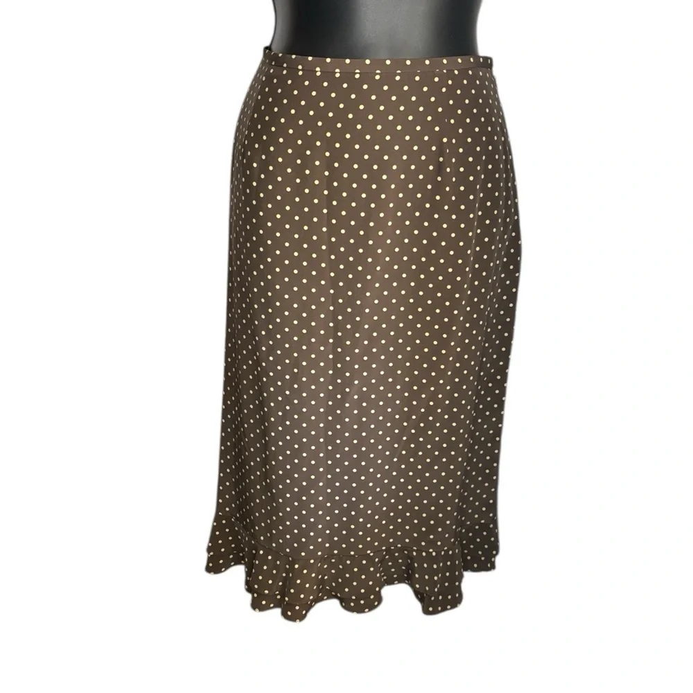 Kate Hill  Brown Polka Dot 100% Silk Skirt Straight Ruffle Bottom Sz 8 preloved - Picture 3 of 8